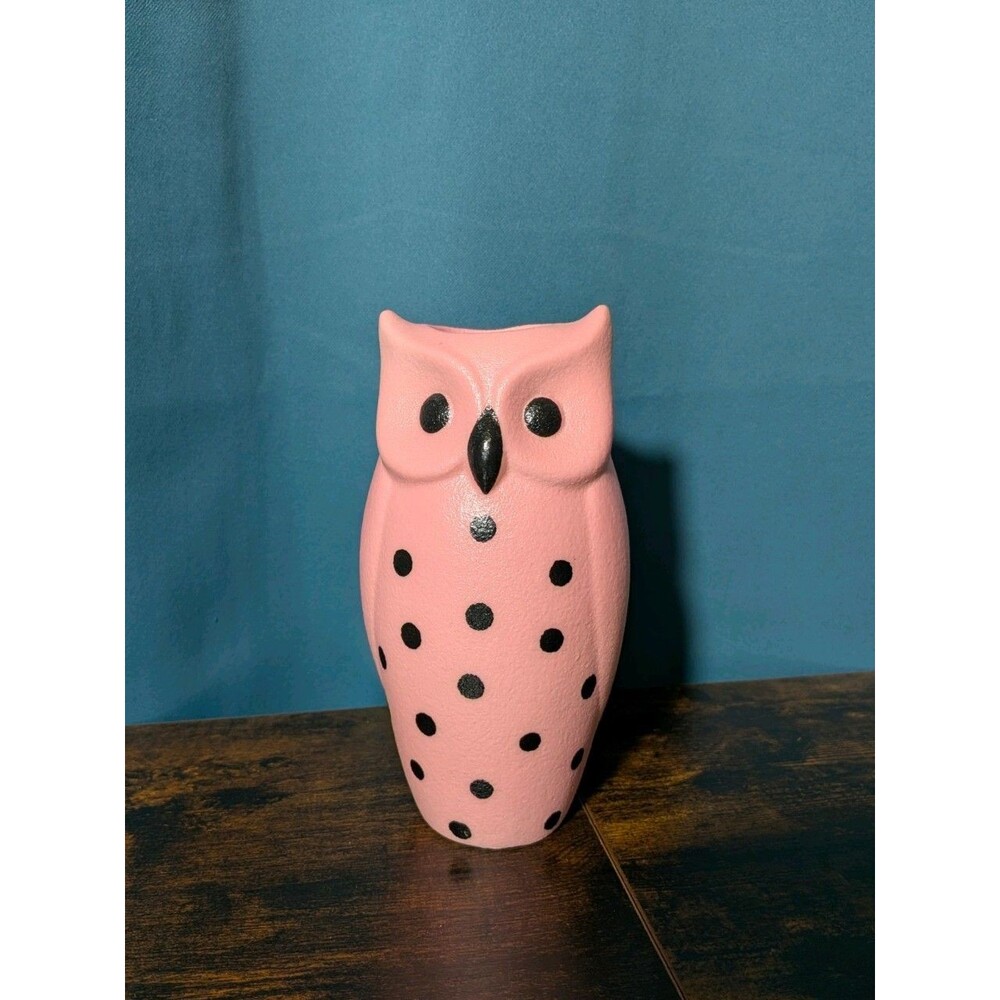Pink Owl Ceramic Vase Black Polka Dot 7" Chic Shelf Desk Decor